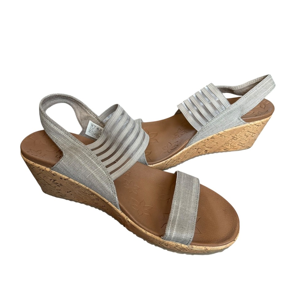 Skechers Luxe Foam Wedge Sandals Womens 10 Taupe Silver Stretch Slingback 31597